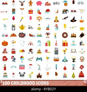 100 Kindheit Symbole in Flacher Stil für jede Design vector Abbildung Stock Vektor