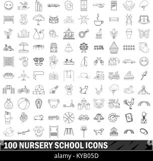 100 Kindergarten Symbole in der gliederungsansicht Stil für alle Design vector Abbildung Stock Vektor