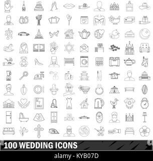 100 Hochzeit Symbole in der gliederungsansicht Stil für alle Design vector Abbildung Stock Vektor