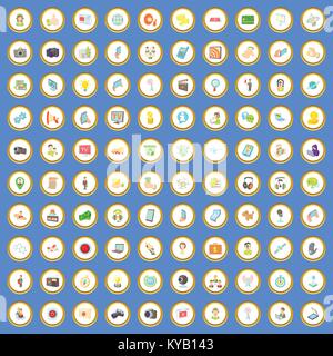 100 Medien Symbole Kreis auf blauem Hintergrund Cartoon Stil vector Abbildung Stock Vektor