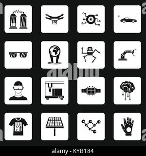 Neue Technologien Symbole in weißen Quadrate auf schwarzem Hintergrund einfachen Stil vector Abbildung Stock Vektor