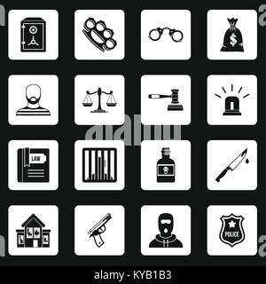 Verbrechen und Strafe Symbole in weißen Quadrate auf schwarzem Hintergrund einfachen Stil vector Abbildung Stock Vektor
