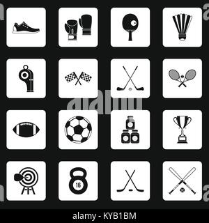 Sport ausrüstung Symbole in weißen Quadrate auf schwarzem Hintergrund einfachen Stil vector Abbildung Stock Vektor