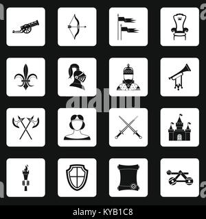 Ritter mittelalterliche Symbole in weißen Quadrate auf schwarzem Hintergrund einfachen Stil vector Abbildung Stock Vektor