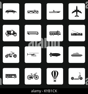 Transport Symbole in weißen Quadrate auf schwarzem Hintergrund einfachen Stil vector Abbildung Stock Vektor