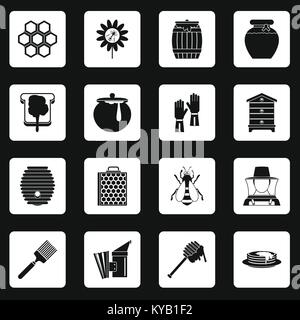 Bienenhaus tools Symbole in weißen Quadrate auf schwarzem Hintergrund einfachen Stil vector Abbildung Stock Vektor