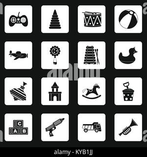 Verschiedene Kinder Spielzeug Symbole in weißen Quadrate auf schwarzem Hintergrund einfachen Stil vector Abbildung Stock Vektor
