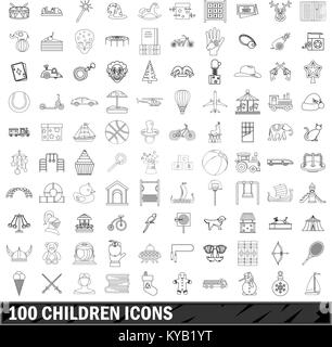 100 Kinder Symbole in der gliederungsansicht Stil für alle Design vector Abbildung Stock Vektor