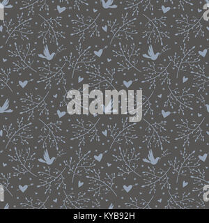 Nahtlose Muster mit Vögeln, Niederlassungen und Herzen Stockfoto