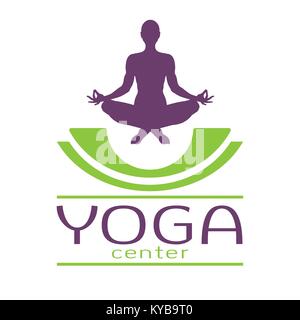 Yoga-Logo, Vektor farbiges Symbol, Emblem für Yoga Zentrum. Abbildung eines Mannes sitzen im Lotussitz, Vektor Silhouette. Meditation Entspannung menschlichen mit einer Schrift auf weißem Hintergrund Stock Vektor
