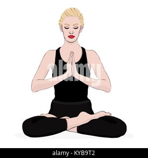 Yoga Pose, Frau, meditieren im Lotussitz, Vektor bunte Zeichnung portrait. Meditation Entspannung Cartoon Mädchen mit überkreuzten Beinen und gefalteten Händen auf der Brust. Auf weissem Hintergrund Stock Vektor
