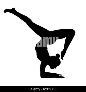 Yoga Pose, Frau handstand Silhouette, vector Übersicht Porträt, gymnast Abbildung, schwarze und weiße Kontur zeichnen. Auf weissem Hintergrund Stock Vektor