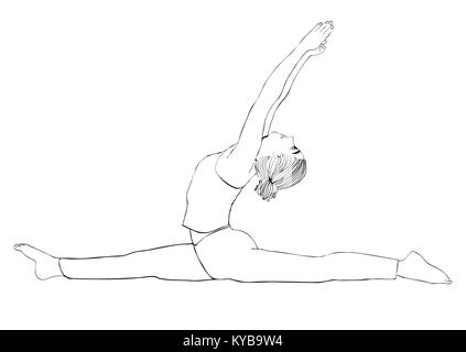 Yoga Pose, Frau zu tun die Splits, Vektor Färbung Zeichnung portrait. Cartoon Mädchen ist in der Gymnastik engagiert. Kontur outline schwarz-weiß illustration. Auf weissem Hintergrund Stock Vektor