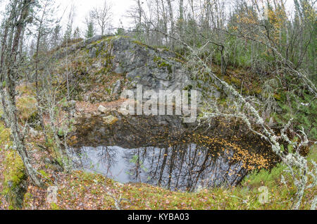 Landsverk 2, Evje Mineralsti. Im Spätherbst gibt es keine Blätter und Reliquien im Wald sichtbar sind, so ist es die beste Zeit, diesen Ort zu besuchen. Stockfoto