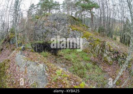 Landsverk 4, Evje Mineralsti. Im Spätherbst gibt es keine Blätter und Reliquien im Wald sichtbar sind, so ist es die beste Zeit, diesen Ort zu besuchen. Stockfoto