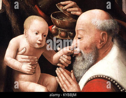 Dieses Bild aus dem *Morrison Triptychon* stellt die Anbetung der Könige dar, eine religiöse Szene, die den Besuch der drei Könige beim Christuskind veranschaulicht, gemalt vom Meister des Morrison Triptychons. Stockfoto