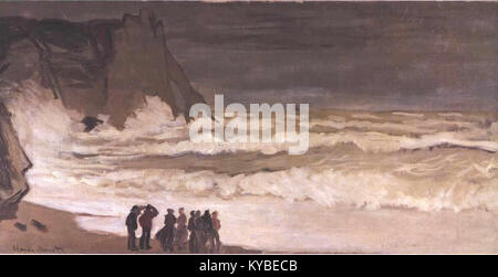 Claude Monets „Sturmmeer bei Etretat“ zeigt turbulente Meereswellen in der Nähe von Etretat, Frankreich, und veranschaulicht natürliche Kraft, Meereslandschaft und impressionistischen Stil. Stockfoto