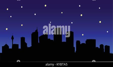 Vektorbild von Sydney City Silhouette in der Nacht mit Sternen. Stock Vektor