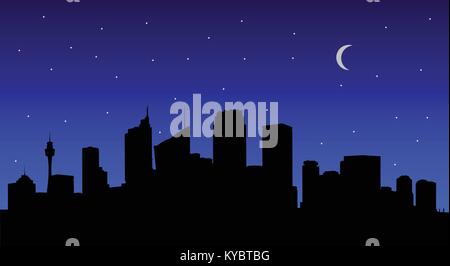 Vektorbild von Sydney City Silhouette in der Nacht mit Sternen und Mond (Halbmond). Stock Vektor