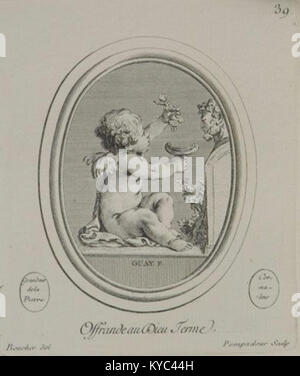 Gravur der „Opfergabe an den Gott“ von Francois Boucher, die von Madame de Pompadour nach Jacques Guay um 1755 hingerichtet wurde und den französischen künstlerischen und religiösen Ausdruck des 18. Jahrhunderts illustriert. Stockfoto