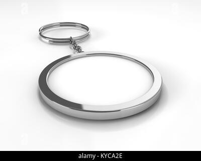 3D Rendering Illustration eines leeren Metall Schlüsselanhänger mit einem Ring für einen Schlüssel, isoliert auf einem änderbaren Hintergrund. Ideale Vorlage für Branding, identity Stockfoto