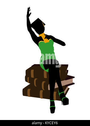 African American graduate sitzt auf einem Stapel Bücher Silhouette auf weißem Hintergrund Stockfoto