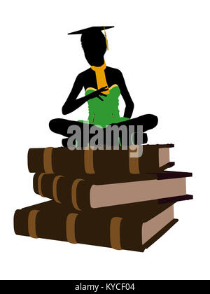 African American graduate sitzt auf einem Stapel Bücher Silhouette auf weißem Hintergrund Stockfoto