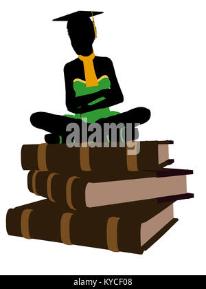 African American graduate sitzt auf einem Stapel Bücher Silhouette auf weißem Hintergrund Stockfoto