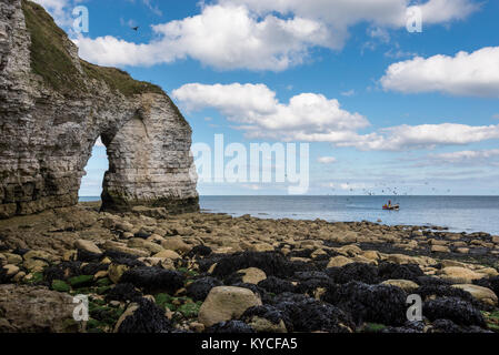 Die kleinen traditionellen Fischerboot durch Seevögel an der Landung, Flamborough, North Yorkshire, England umgeben. Stockfoto