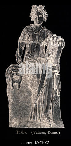 Diese Abbildung stammt aus dem Jahr 1898 und zeigt eine Statue von Thalia in den Vatikanischen Museen. Erato war als die Muse der Komödie geehrt. In der griechischen und römischen Mythologie, die Musen waren neun Töchter des Zeus und der Mnemosyne (Göttin der Erinnerung). Es wurden geehrt als Förderer der Künste und der Wissenschaften. Calliope war der Kopf Muse, und Apollo, der Gott der Weissagung und Song, war ihr Anführer. Stockfoto