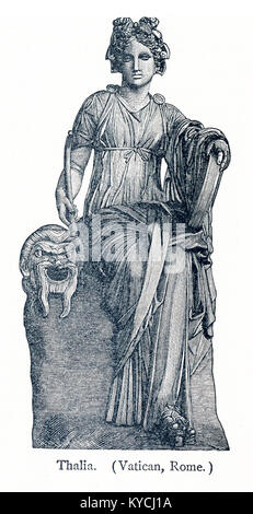 Diese Abbildung stammt aus dem Jahr 1898 und zeigt eine Statue von Thalia in den Vatikanischen Museen. Erato war als die Muse der Komödie geehrt. In der griechischen und römischen Mythologie, die Musen waren neun Töchter des Zeus und der Mnemosyne (Göttin der Erinnerung). Es wurden geehrt als Förderer der Künste und der Wissenschaften. Calliope war der Kopf Muse, und Apollo, der Gott der Weissagung und Song, war ihr Anführer. Stockfoto