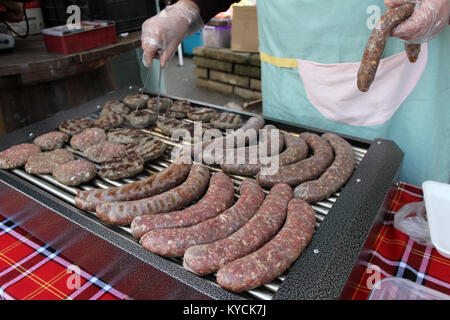 Verschiedene Art von Fleisch Steaks, Frikadellen, Shish Kebab, Filet, Burger und Würstchen mit Brot auf dem Grill. Gegrilltes Fleisch auf dem Grill Stockfoto