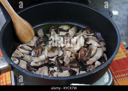 Pilze Shiitake auf Eiche auf einem Bauernmarkt auf der Straße gewachsen. Bioproduct Anbau in natürlicher Umgebung. Selektiver Fokus Stockfoto