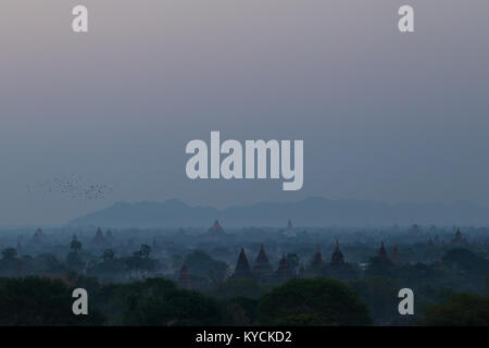 Silhouette von vielen alten Tempeln und Pagoden auf der Ebene von Bagan in Myanmar (Birma) im Morgengrauen. Kopieren Sie Platz. Stockfoto