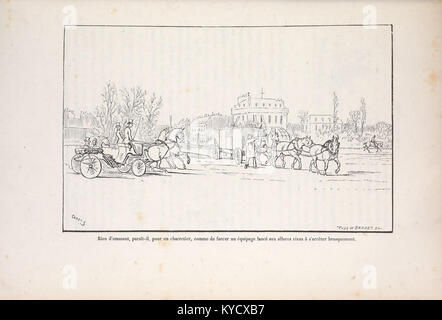 Eine illustrierte Seite aus „Paris à Cheval“, die Pariser Reiterszenen aus dem 19. Jahrhundert und den städtischen Verkehr zeigt. Stockfoto
