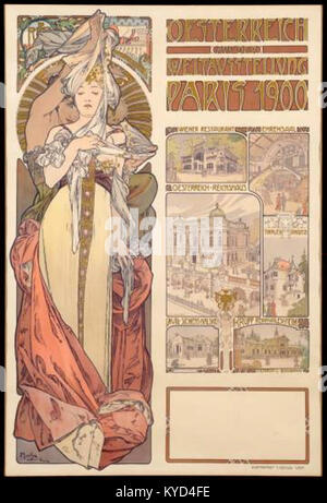 Das Poster von Alphonse Mucha mit dem Titel „Österreich auf der Pariser Ausstellung 1900“ verwendet Jugendstilgrafik und Lithografie, um den österreichischen Pavillon auf der Weltausstellung 1900 zu bewerben. Stockfoto