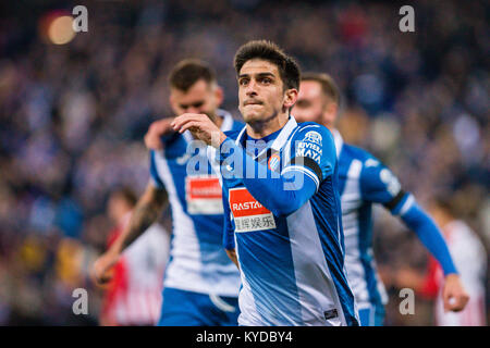 RCD Espanyol, Gerard Moreno (7) feiert zählen das Ziel während des Spiels zwischen RCD Espanyol v Athletic Club, für die Runde 19 der Liga Santander, an RCDE Stadium am 14. Januar 2018 in Barcelona, Spanien gespielt. Stockfoto