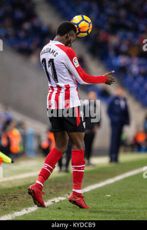 Barcelona, Spanien. 14 Jan, 2018. Athletic Club, Inaki Williams (11) Während des Spiels zwischen RCD Espanyol v Athletic Club, für die Runde 19 der Liga Santander, an RCDE Stadium am 14. Januar 2018 in Barcelona, Spanien gespielt. Credit: Gtres Información más Comuniación auf Linie, S.L./Alamy leben Nachrichten Stockfoto