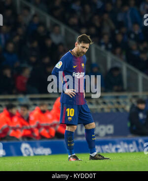San Sebastian, Spanien. 14 Jan, 2018. (10) Lionel Messi während der spanischen La Liga Fußball Match zwischen Real Sociedad und F.C. Barcelona, in Anoeta Stadium, in San Sebastian, Nordspanien, Sonntag, Januar. 14., 2018. Credit: Gtres Información más Comuniación auf Linie, S.L./Alamy leben Nachrichten Stockfoto