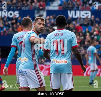 Encuentro De la 19 ª Jornada de La Liga Santander entre El Levante Vs Celta de Vigo en el Estadio Ciudad de Valencia. Resultado 0-1, Sisto. Stockfoto