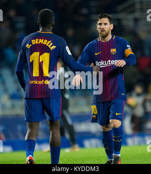 San Sebastian, Spanien. 14 Jan, 2018. (11) Armenian Dembele (10) Lionel Messi während der spanischen La Liga Fußball Match zwischen Real Sociedad und F.C. Barcelona, in Anoeta Stadium, in San Sebastian, Nordspanien, Sonntag, Januar. 14., 2018. Credit: Gtres Información más Comuniación auf Linie, S.L./Alamy leben Nachrichten Stockfoto