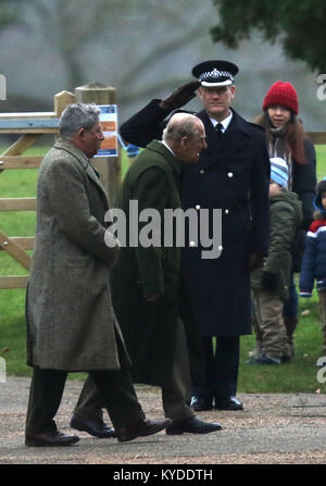 Sandringham, Norfolk, Großbritannien. 14 Jan, 2018. Prinz Philip, Herzog von Edinburgh an der St. Maria Magdalena Kirche Sonntag Morgen, in Sandringham, Norfolk, am Januar 14, 2018 Credit: Paul Marriott/Alamy leben Nachrichten Stockfoto