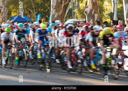 Adelaide, South Australia, Australien. 14 Jan, 2018. Radfahrer Blur zu Beginn der Völker Wahl Classic criterium zu Beginn der Tour Down Under, Australien am 14. Januar 2018 Credit: Gary Francis/ZUMA Draht/Alamy leben Nachrichten Stockfoto