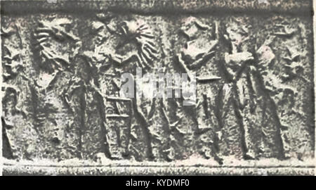 Dieser Teller aus Sumer et Akkad. Cylindres et cachets Orientaux zeigt antike mesopotamische Zylindersiegel aus der sumerischen und akkadischen Zeit, die für administrative und künstlerische Zwecke in der frühen Zivilisation verwendet wurden. Stockfoto