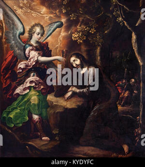 Das Gemälde „die Qual im Garten“ von Cristóbal de Villalpando zeigt die biblische Szene Jesu, die vor seiner Verhaftung im Garten Gethsemane betete. Das Werk spiegelt den barocken Stil wider und ist bekannt für seine dramatische emotionale Intensität und lebendige Details. Stockfoto