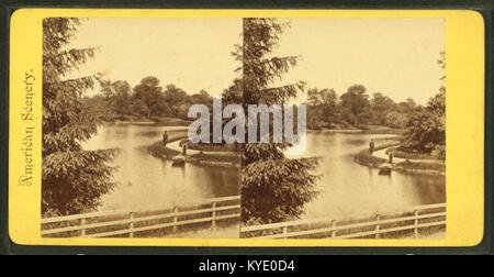 Stereoskopischer Blick aus der Robert N. Dennis Kollektion zeigt den See im Druid Hill Park in Baltimore, Maryland, mit einem ruhigen Wasserkörper und einer Parklandschaft, die für urbane Erholung konzipiert ist. Stockfoto
