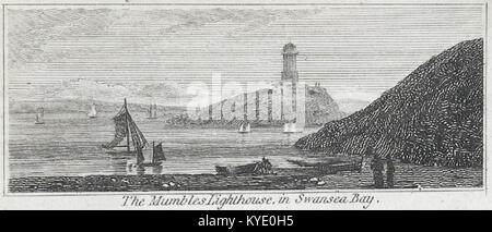 Ein Foto des Mumbles Lighthouse in Swansea Bay, Wales, ein ikonisches Küstengebäude, das Schiffe sicher in die Bucht führt, Teil des maritimen Erbes Großbritanniens. Stockfoto