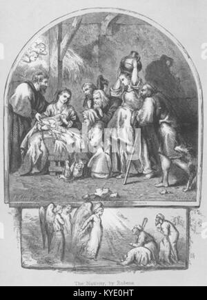 „Die Geburt“ von Peter Paul Rubens stellt die Geburt Jesu Christi dar und veranschaulicht barocke Kunst durch dramatische Beleuchtung, satte Farben und emotionale Tiefe. Stockfoto