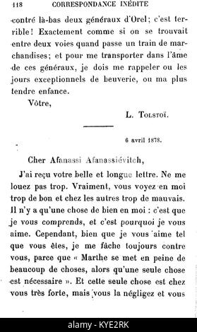 Ein Auszug aus Leo Tolstois unveröffentlichter Korrespondenz, der Kontext zu seinen intellektuellen Beziehungen und persönlichen Beziehungen im Russland des späten 19. Jahrhunderts liefert. Stockfoto