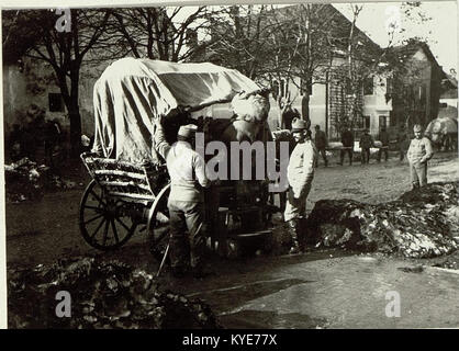 Das Bild mit dem Titel „Transport von Verwundeten in vierrädrigen Standardwagen“ zeigt verwundete Soldaten oder Verletzte, die in vierrädrigen Pferdefahrzeugen oder karrengestützten Fahrzeugen bewegt werden, die für die Evakuierung von Verwundeten während des Krieges typisch sind. WW1 Volunteers | Britisches Rotes Kreuz+1 Stockfoto